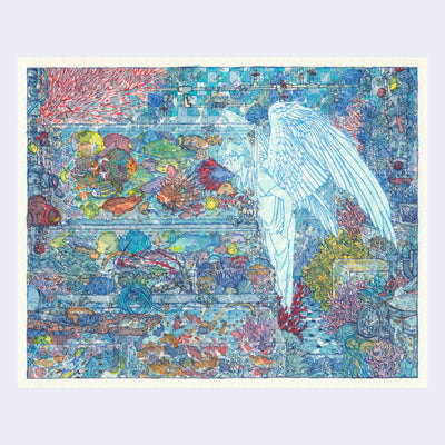 Finely detailed ink and watercolor illustration of a mystical tropical fish shop setting, which looks to be underwater itself. Coral and other sea life sprouts from the floor and around the tanks. An all white person with large angel wings looks into one of the tropical fish tanks. 
