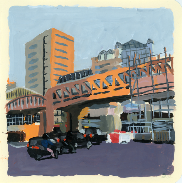 Plein air painting of a parking lot under an enclosed bridge, at sunset time. Several tall buildings can be seen in the background.