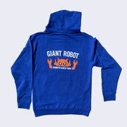 Back of a bright blue hooded jacket, with a graphic on the back that reads "Giant Robot" in white font over an orange robot head. Under the head reads "Robots since 1994" in white font with two orange robot arms, one coming off each side.