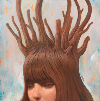 Smoothly rendered painting of a close up of a woman, only visible from her nose up. She has straight bangs and brown hair, with many branch like stumps growing from the top of her head. Background is light blue with subtle orange undertones.
