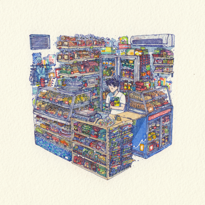 Detailed illustration of a shopkeep, sitting in a visually busy corner of the store, overrun with various bagged foods, drinks, magazines and shelved baked goods. Background is all white.