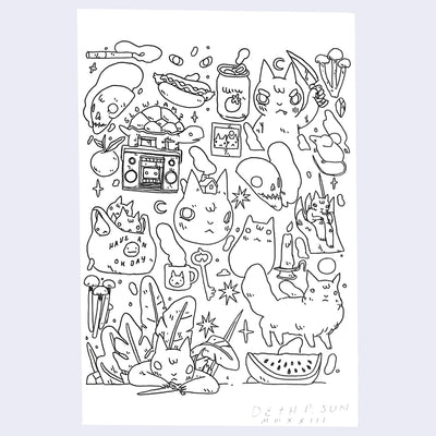 A collection of ink doodles filling one page, including several cats, nature objects, weapons, and a watermelon.