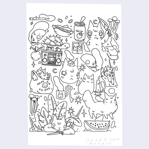 A collection of ink doodles filling one page, including several cats, nature objects, weapons, and a watermelon.