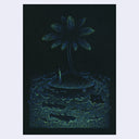 Blue and green pointillism drawing on back paper of a person on an small island, with only one large palm tree. They stand at the edge and look at the water, bright and swirling with various fish types. 