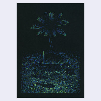 Blue and green pointillism drawing on back paper of a person on an small island, with only one large palm tree. They stand at the edge and look at the water, bright and swirling with various fish types. 