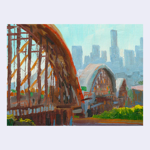 Plein air painting of a large bridge under construction with downtown LA skyline in the background.