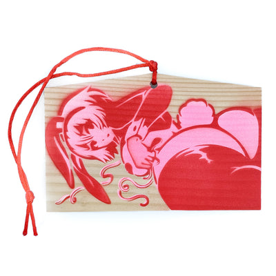 Rectangular pentagon wooden token with a red string attached at the top. Spray painted in red and pink in the front is an anime style woman with a curvaceous body and bunny costume lingerie, looking back and exposing her butt that has a cotton bunny tail on it. She wears bunny ears.