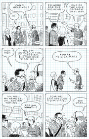 Single page spread. 6 panel cartoon with matching story text about a cartoonist.