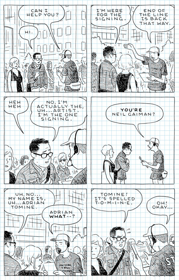 Single page spread. 6 panel cartoon with matching story text about a cartoonist.