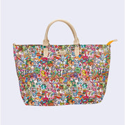 Large purse style tote bag, with beige pleather handle. A beige "tokidoki" name plate is in the upper center. Bag is covered completely in a very busy colorful pattern of various Tokidoki characters accompanied by elements reminiscent of 70's imagery, such as rainbows, mushrooms, VW Buses and flowers. 