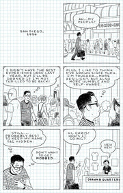 Single page spread. 6 panel cartoon with matching story text about a cartoonist at a convention.