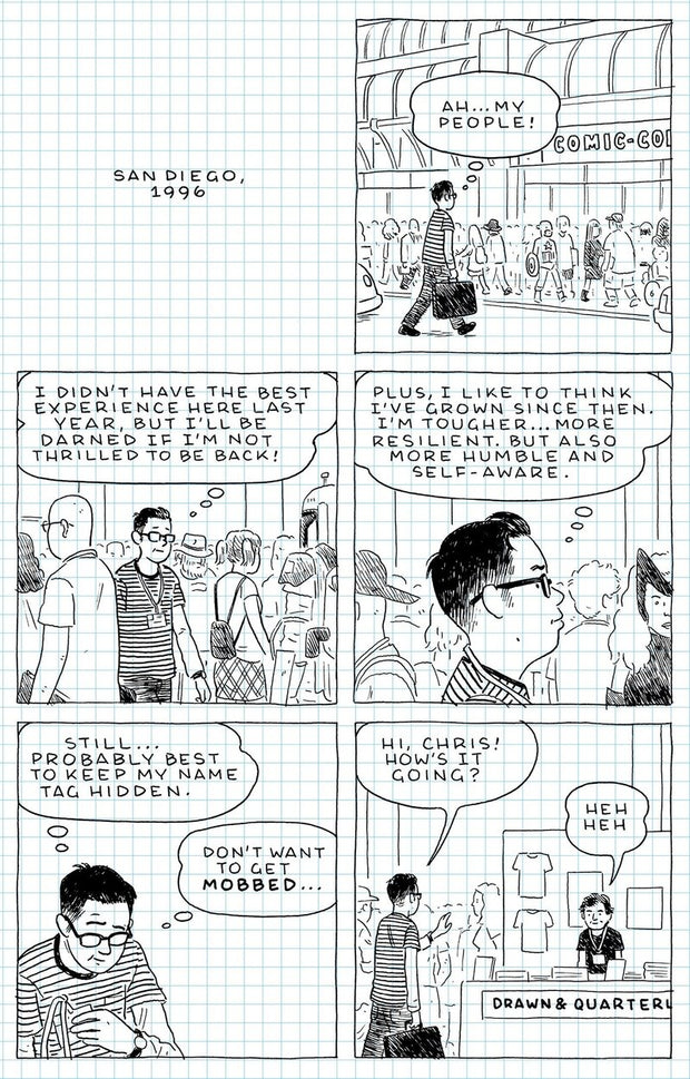 Single page spread. 6 panel cartoon with matching story text about a cartoonist at a convention.