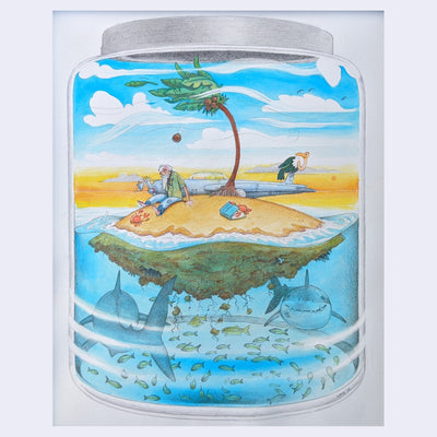 Illustration of a small island contained within a glass jar. Island has a windblown palm tree, an old man with a long beard, a book, a volleyball, crabs and an aircraft. Below the island swim many fish and 2 sharks.