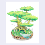 Color pencil drawing of a large bonsai tree growing out of a small, shallow glass bowl. Within the bowl are visible layers of earth, with many white bunnies playing on the grass and in a little pond. 2 bunnies can be seen in a burrow below ground.