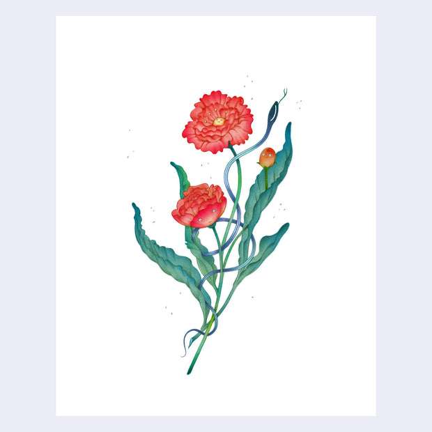 Fine line illustration of a bouquet of 2 red flowers and green leaves, with a skinny blue snake weaving through. All white background.