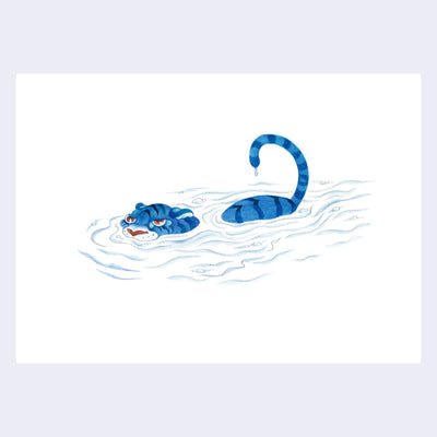 Color pencil illustration of a blue tiger 75% submerged into water, which is loosely rendered as a few waves. All white background.