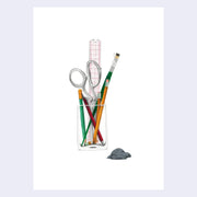 Pencil illustration of a glass cup holding 4 pencils, a paintbrush, a ruler, a pair of scissors, with a kneadable eraser nearby. Each object has a different expressive face. All white background.