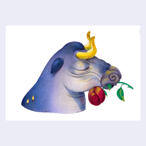Finely shaded color pencil illustration of the bust of a purple bull, facing right with closed eyes. Bull holds a red rose in its mouth. All white background.