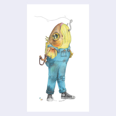 Finely shaded color pencil illustration of a brown fish, with a hook in its chin, wearing dusty overalls with a slingshot in the back pocket, 3 small marbles on the floor. All white background.