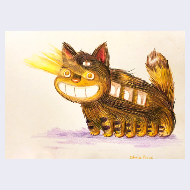 Color pencil illustration of a smiling Catbus, with yellow beams of light emitting from its eyes. It has very sleek fur with a slight tail sheen, background is plain cream color paper with a slight purple shadow under Catbus.