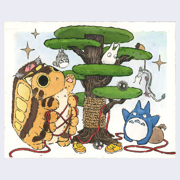 Watercolor painting on white paper of a cat tree, designed like an actual tree, with rope around the bottom for cat scratching. A fluffy stylized Catbus sits nearby, playing with some red yarn that is wrapped around its feet and the tree. The tree is decorated with various Totoro and Ghibli characters.