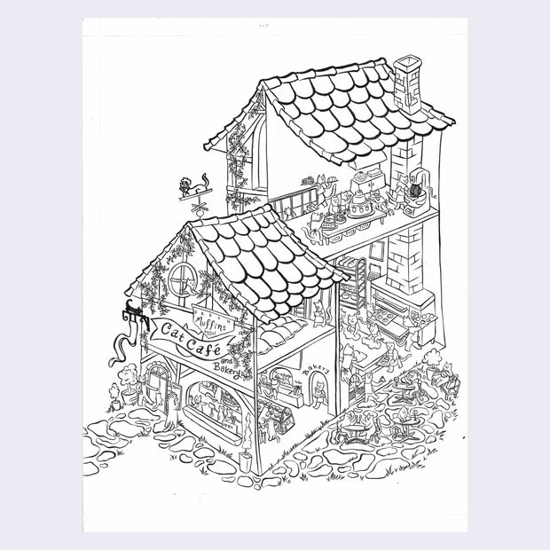 Black ink line art illustration on paper of a cross section of a 2 story house attached to a 2 story cafe. Interior of the cafe shows many cats in aprons working on various baked goods, kneading dough and decorating cakes.