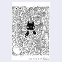 Ink drawing of a black cat in a busy field of plants and flowers, seen only with its head and arm sticking out. Ghosts float around the cat.