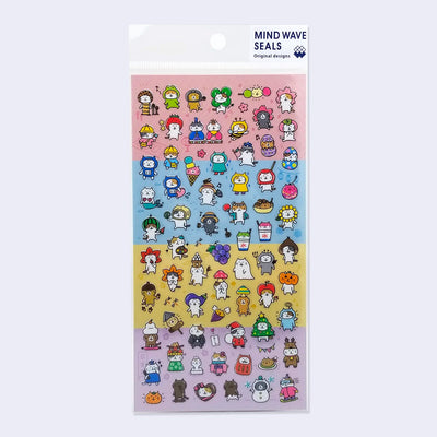 Sticker sheet with nearly 100 stickers of small cats in a variety of costumes and outfits, for all seasons and many holidays.