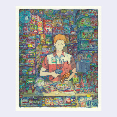 Finely detailed ink and watercolor illustration of an apathetic looking store clerk, standing behind the counter of an incredibly well stocked convenience store. They scan items with a price gun and have one earbud in, listening to music.