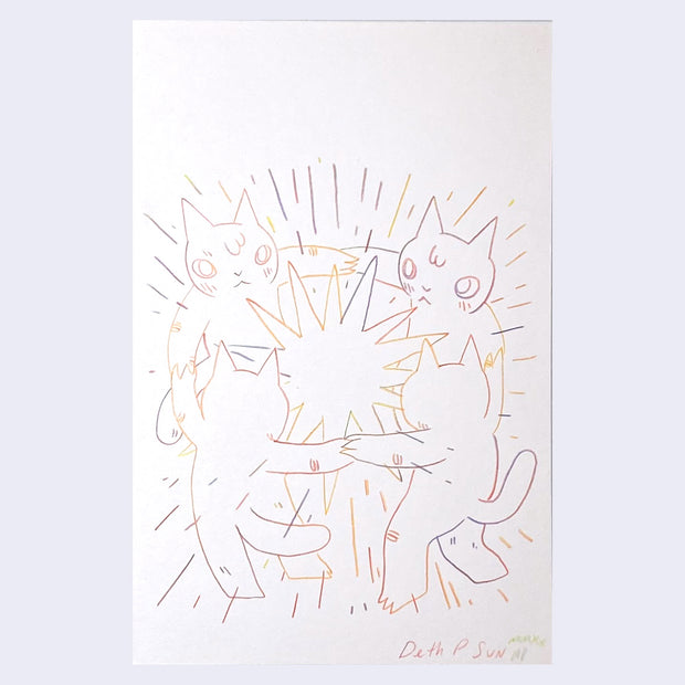 Drawing using a rainbow pencil, which transitions from color to color all in the same line. 4 cats stand in a circle, all holding hands and standing around a large glowing star.