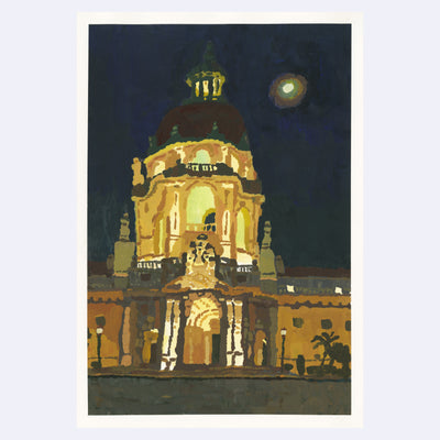 Plein air painting of a night time scene of an elaborate city hall building in Pasadena, with lots of bright artificial light and the moon illuminating the back.