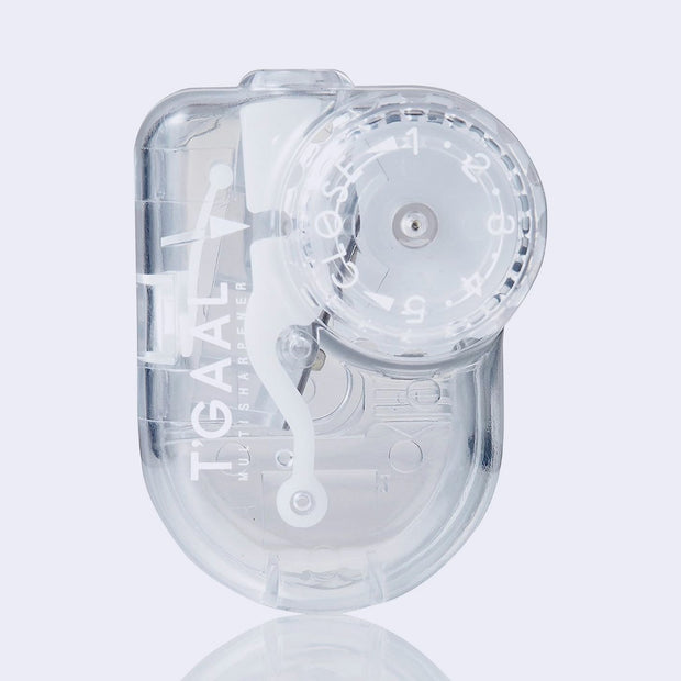 Clear pencil sharpener with a dial of 5 settings for varying sharpnesses.