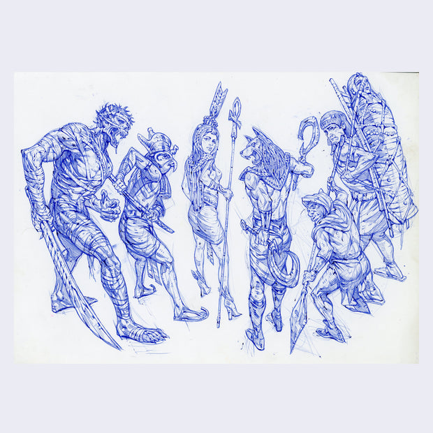 Blue ballpoint pen drawing of many Egyptian themed characters surrounding a woman, who looks back over her shoulders and is dressed like Cleopatra.