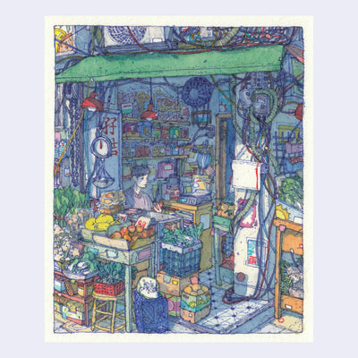 Finely detailed ink and watercolor drawing of a shopkeep, sitting on their phone behind the counter of a corner shop, selling various produce and packaged foods. The shop has many electrical wires running through and along the side, connecting to AC units and other meters.