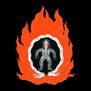 Illustrative painting of Dada kaiju, standing with its arms out to its sides, on a black background surrounded by a scroll with written script and cut out bright orange flames.