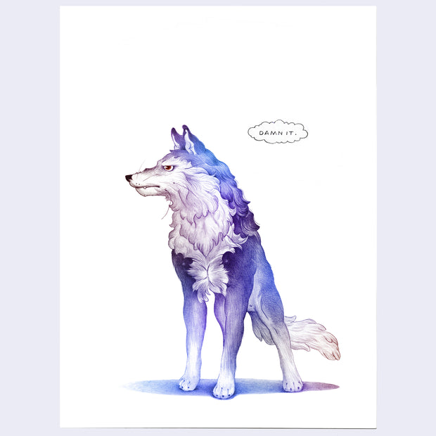 Illustration of a blue and purple wolf, with fluffy chest and tail, looking off to the side with a slightly perturbed look. "Damn it" is written in a thought bubble nearby. Background is all white.  