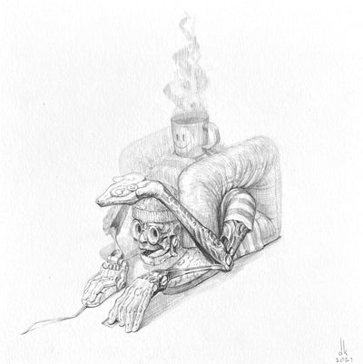 Pencil drawing of a skeleton, with mechanical hands and tattooed arms, dressed in jeans and a striped shirt. He's in a yoga pose which places his feet near his head, with a mug of steamy coffee balanced on his back.