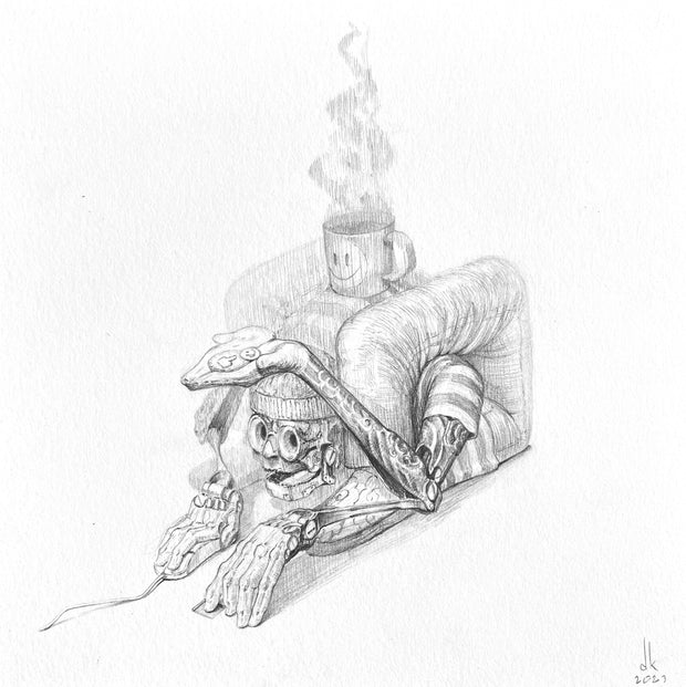 Pencil drawing of a skeleton, with mechanical hands and tattooed arms, dressed in jeans and a striped shirt. He's in a yoga pose which places his feet near his head, with a mug of steamy coffee balanced on his back.