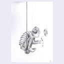 Pencil illustration of a person, heavily tattooed, sitting with their knees pulled to their chest on a swing, looking at a small floating screen.