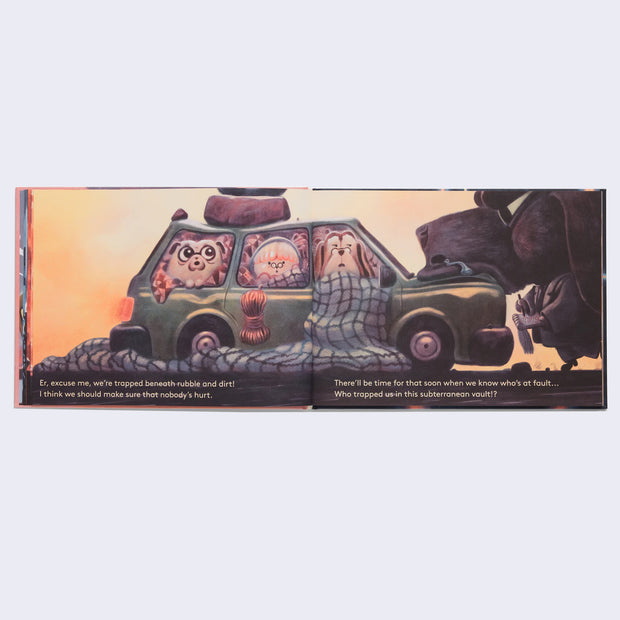 Open 2 page book spread featuring illustration of a somewhat dented green car, with animals visible from each of the windows, with a long plaid blanket coming out the front window. A large snouted animal rests its nose on the hood of the car. Story text accompanies illustrations.