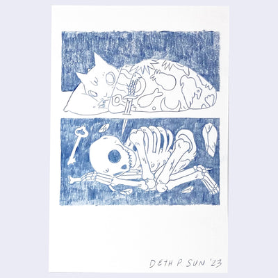 Color pencil drawing of 2 scenes, atop of one another.  On top, a cat sleeps in a patterned blanket with a knife stuck through the ground. Underground is a curled up skeleton.