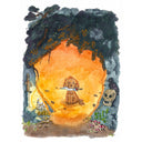 Painting of a small dog, sitting at the mouth of a cave with a dagger in its mouth. A bright orange and yellow glow comes out from the cave. Outside is a sword, candles, coins, a skull and a raven atop of it.