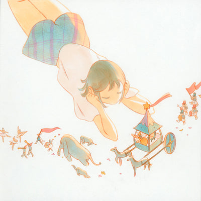Marker illustration on white paper, a girl in a white tee and plaid skirt lays on the ground, with her elbows propped up holding her head. She looks down at a small parade of elephants, people, a band and a queen in a horse drawn carriage.