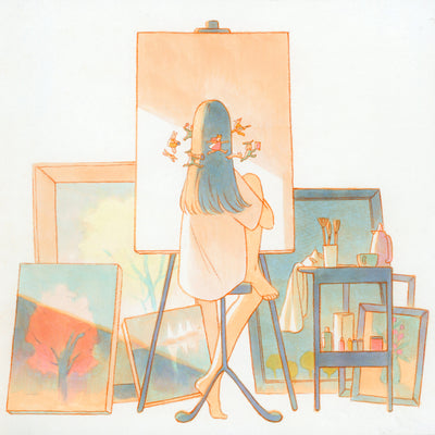 Marker illustration on white paper. A girl sits on a stool, faced away from the viewer looking at a large blank canvas on an easel. Around her is a table with painting supplies and lots of finished art pieces on the ground. Small characters form a halo around her head. Lighting is bright with primarily warm orange light on blue objects.