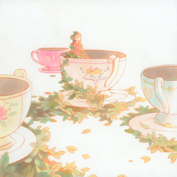 Marker illustration on white paper of 4 large, empty tea cups with saucers. Piles of leaves are around them on the ground and a girl stands inside of one of tea cups, covered in leaves. Coloring of scene is sunset tones, with lots of warm orange light.