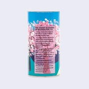 Tall cylindric can with illustration of cherry blossom trees and text that reads "The Cherry Blossoms of Washington, DC" with detailed information.