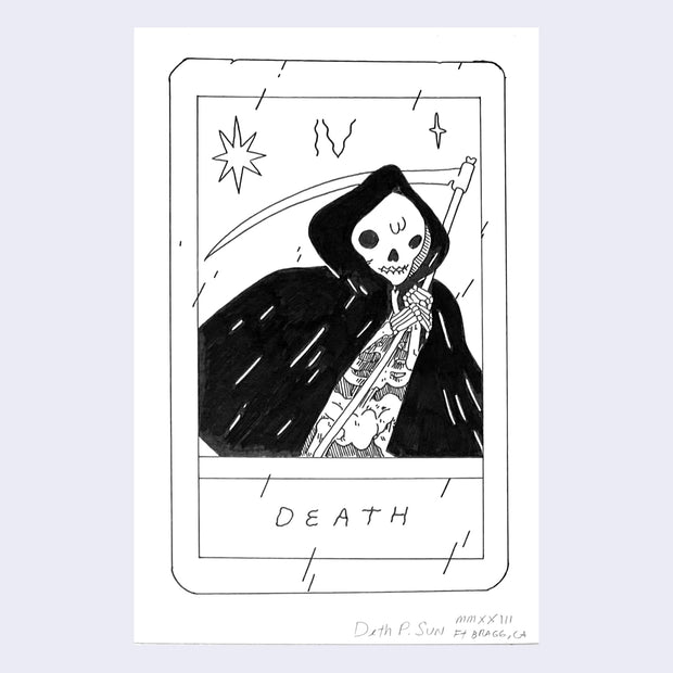 Ink drawing on white paper of a mock tarot card, titled "Death" and features a drawing of the grim reaper, with an open hooded cape and a long scythe. 