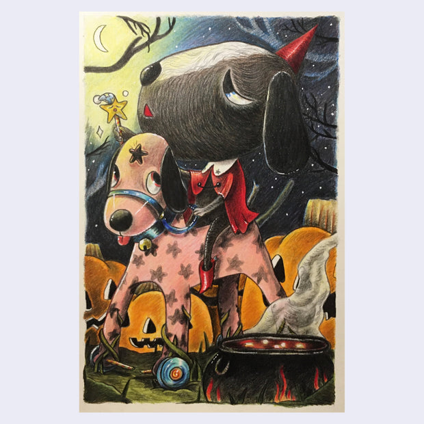 Color pencil illustration of a black and white dog with a very large head, riding atop of a pink dog like a horse. Behind are many jack o lanterns and a boiling black pot.