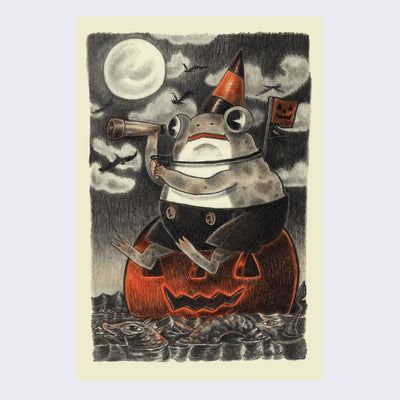 Illustration, primarily greyscale with orange color accents of a frog wearing pants sitting atop of a jack o lantern fashioned into a boat, with a small flag planted behind. Frog holds a small telescope and a lake monster swims alongside.