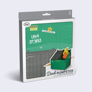 Product packaging containing unassembled Dumpster Desk pencil holder with notecards.